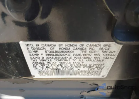 2004 Acura Mdx из США, поврежденный, VIN 2HNYD18864H547535